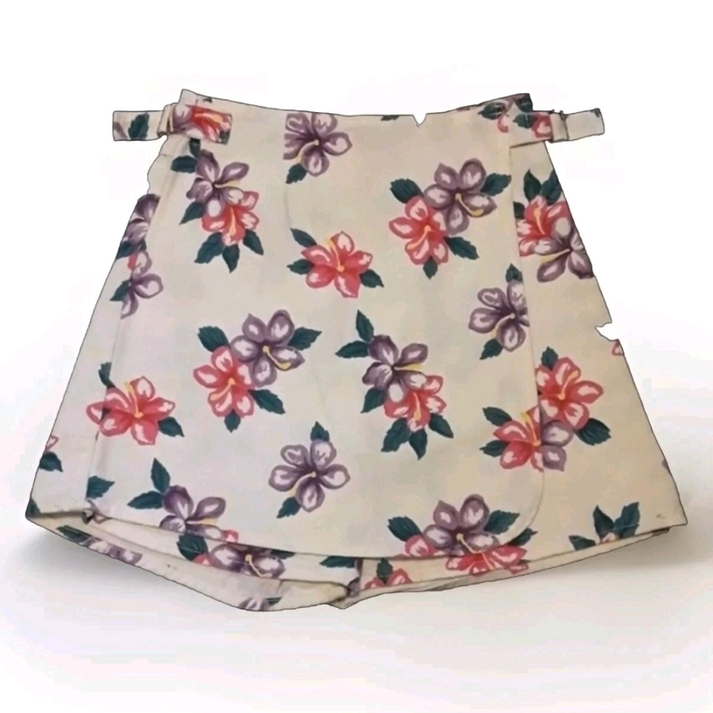 Sostanza Vintage Floral Cotton Skorts Size 4 Faux Wrap Belted Summer Shorts